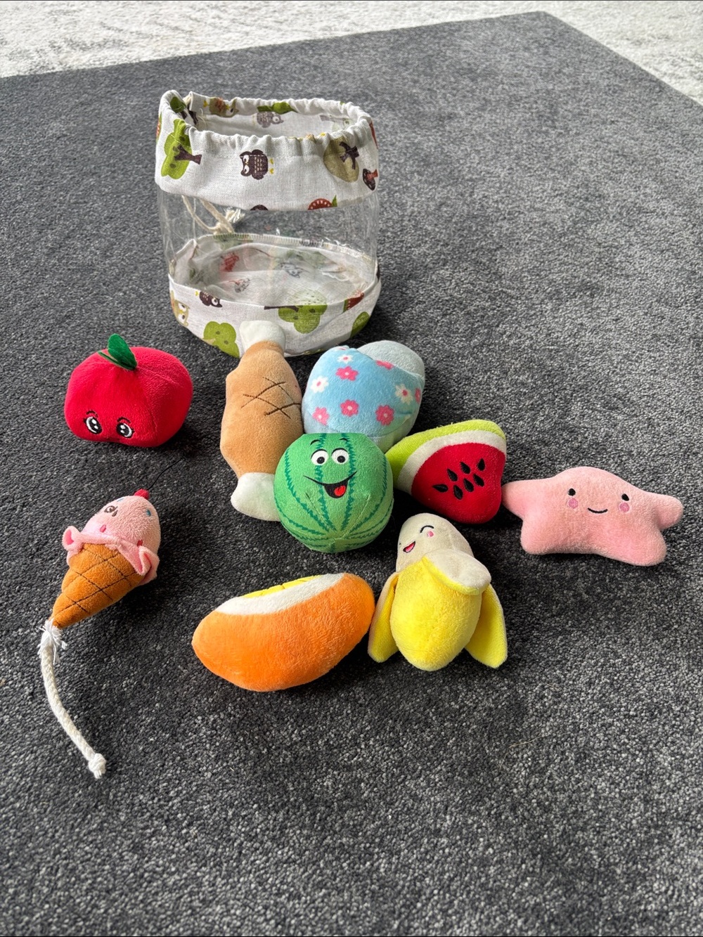 Dog Plush Fruit & Snack Toy Set with Storage Bag - Multicolor